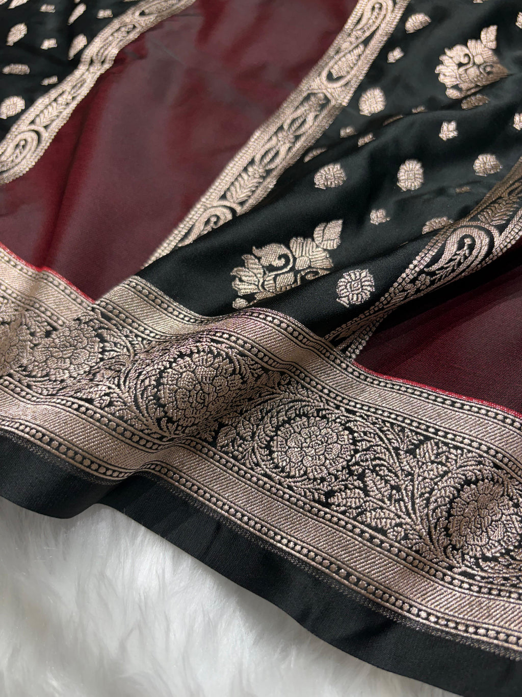 Contrast Deep Wine - Black Horizontal Strips With Motifs Banarasi Mashru Silk Saree