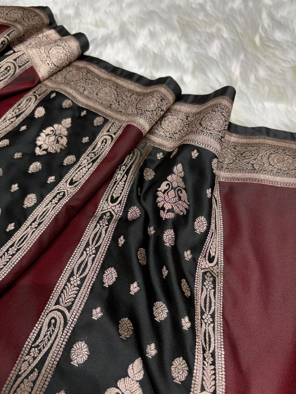 Contrast Deep Wine - Black Horizontal Strips With Motifs Banarasi Mashru Silk Saree