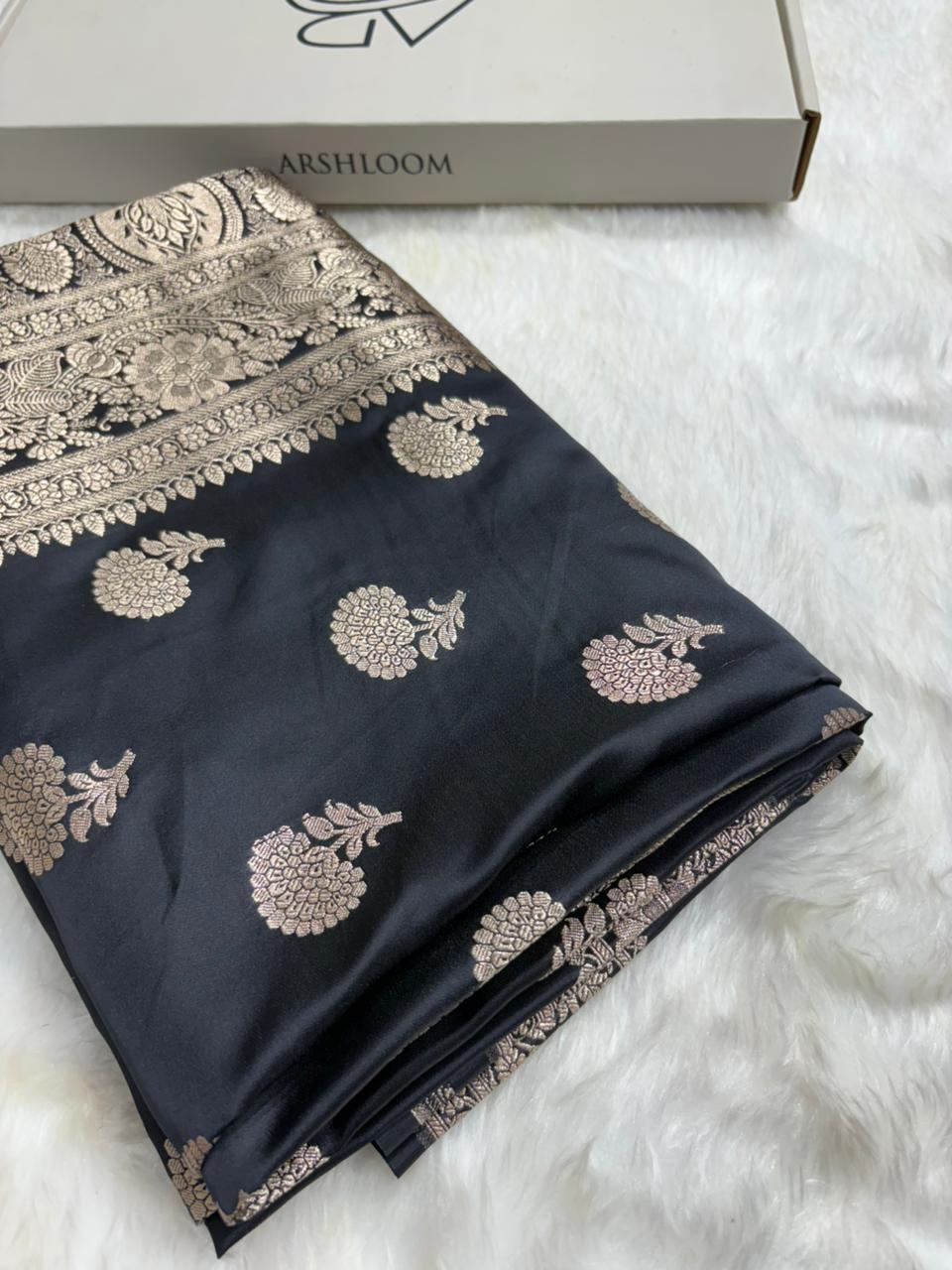 Premium Banarasi Boota Pattern Mashru Silk Saree in Black Shades