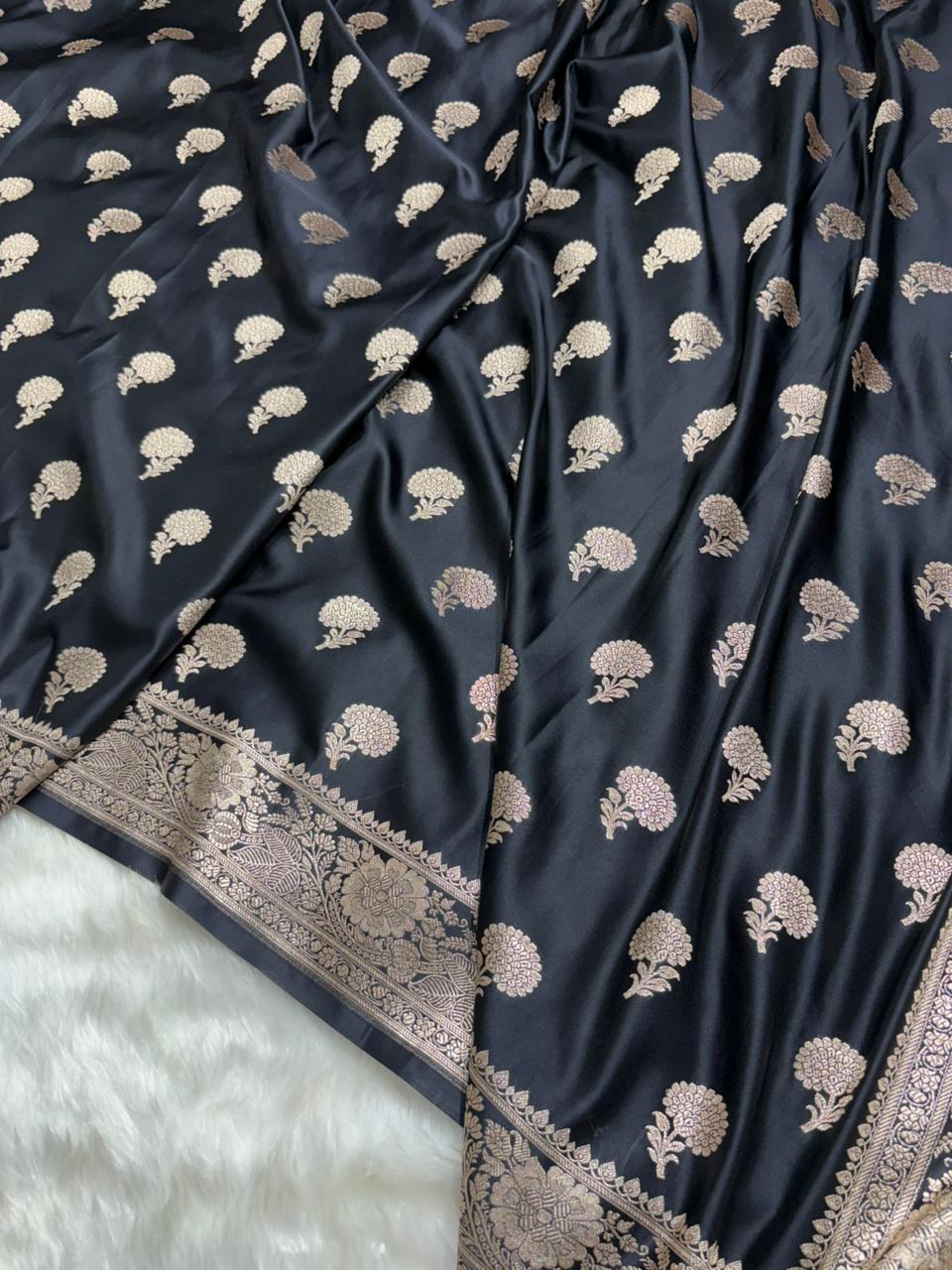 Premium Banarasi Boota Pattern Mashru Silk Saree in Black Shades
