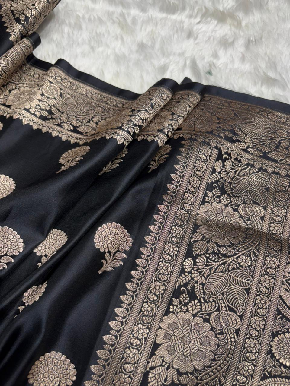 Premium Banarasi Boota Pattern Mashru Silk Saree in Black Shades