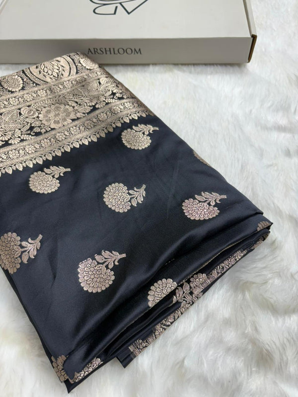 Premium Banarasi Boota Pattern Mashru Silk Saree in Black Shades