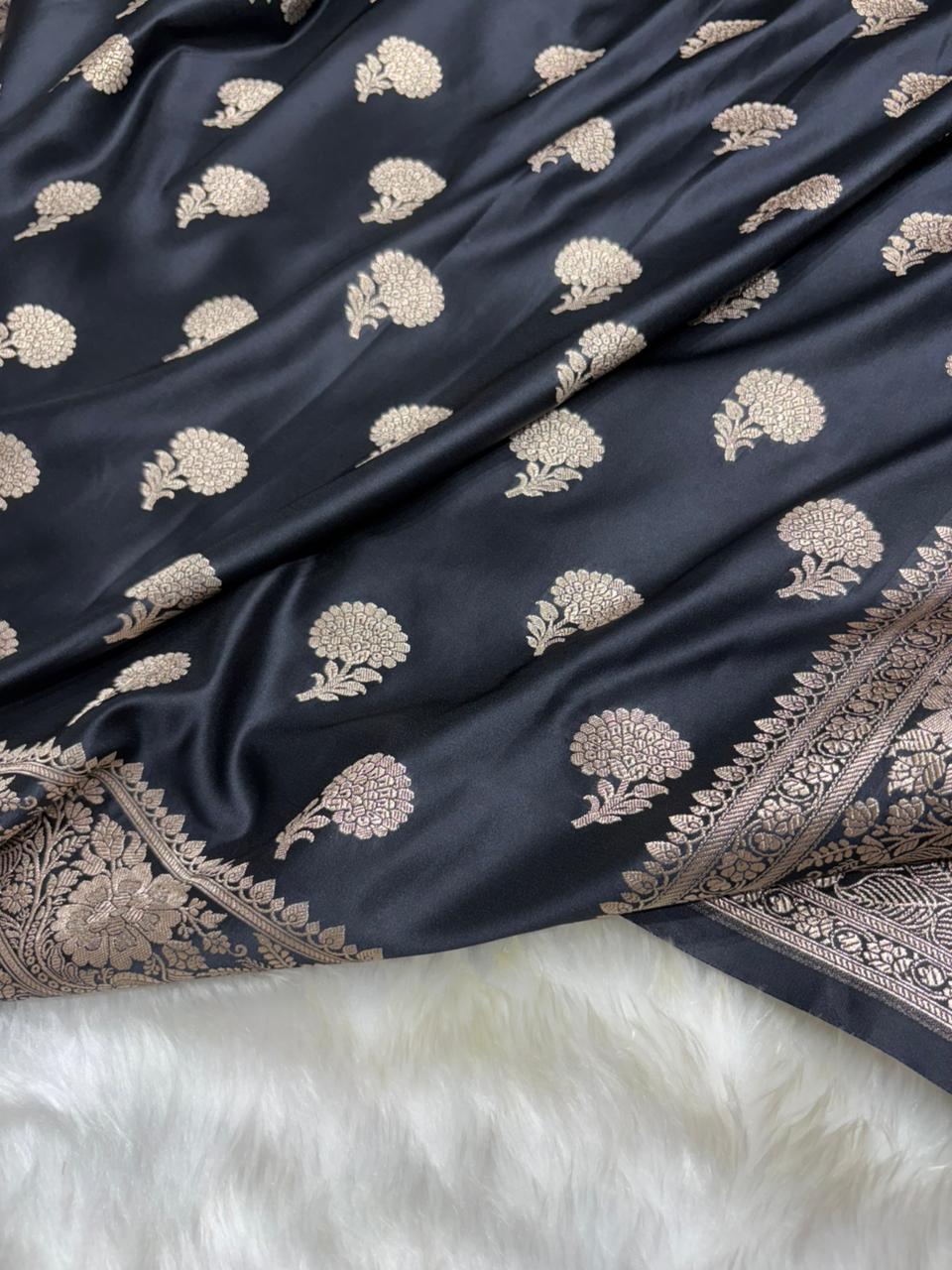Premium Banarasi Boota Pattern Mashru Silk Saree in Black Shades