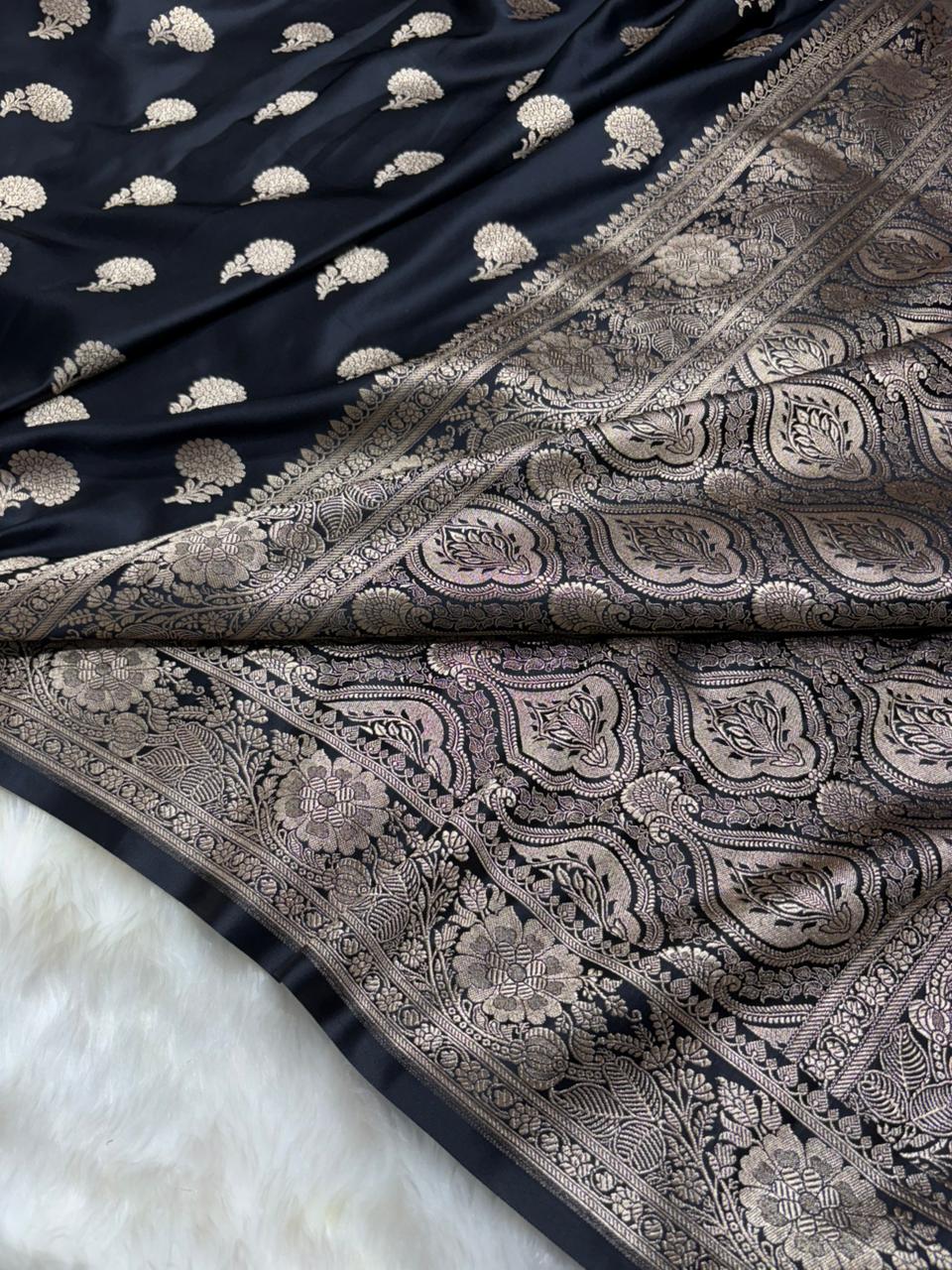 Premium Banarasi Boota Pattern Mashru Silk Saree in Black Shades