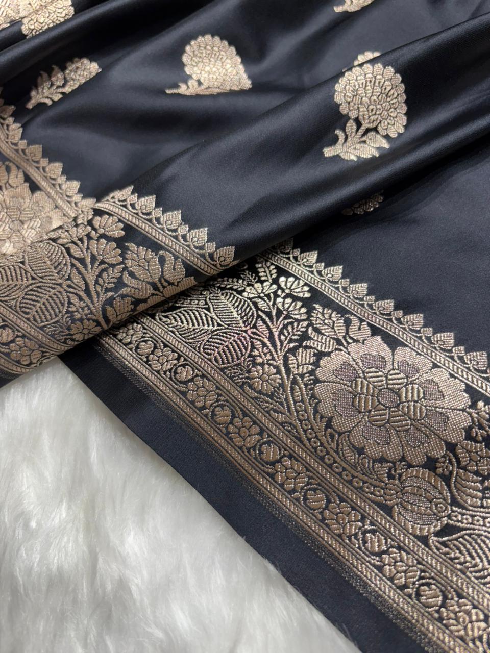 Premium Banarasi Boota Pattern Mashru Silk Saree in Black Shades