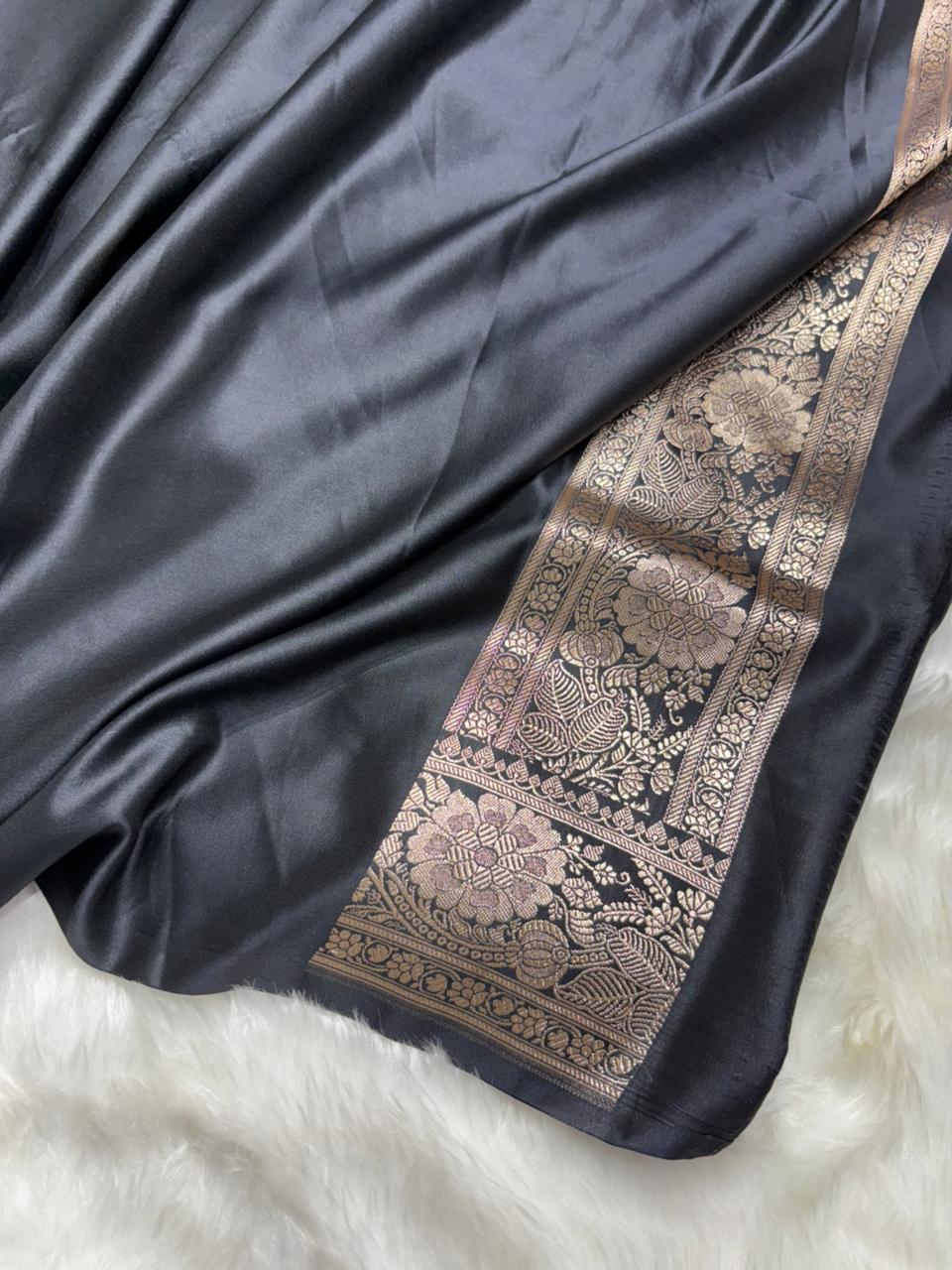 Premium Banarasi Boota Pattern Mashru Silk Saree in Black Shades