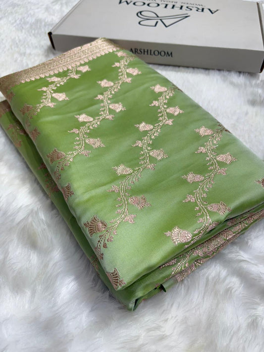 Olive Green Shades Cross Jaal Mashru Silk Saree