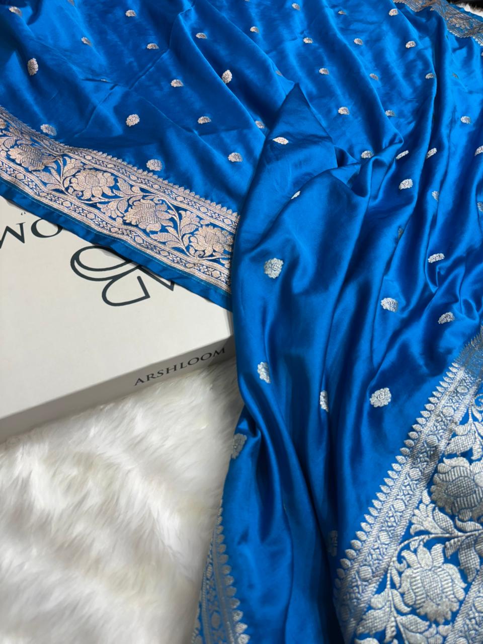 Sapphire Blue Shades Banarasi Booti Mashru Silk Saree