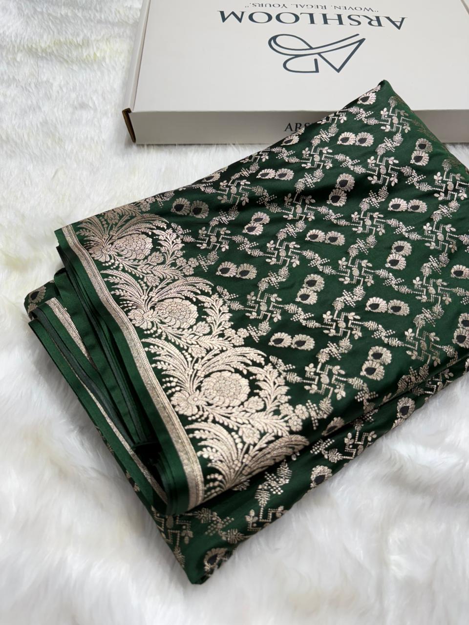 Bottle Green with Floral Border Minakari Brocade Mashru Silk Saree