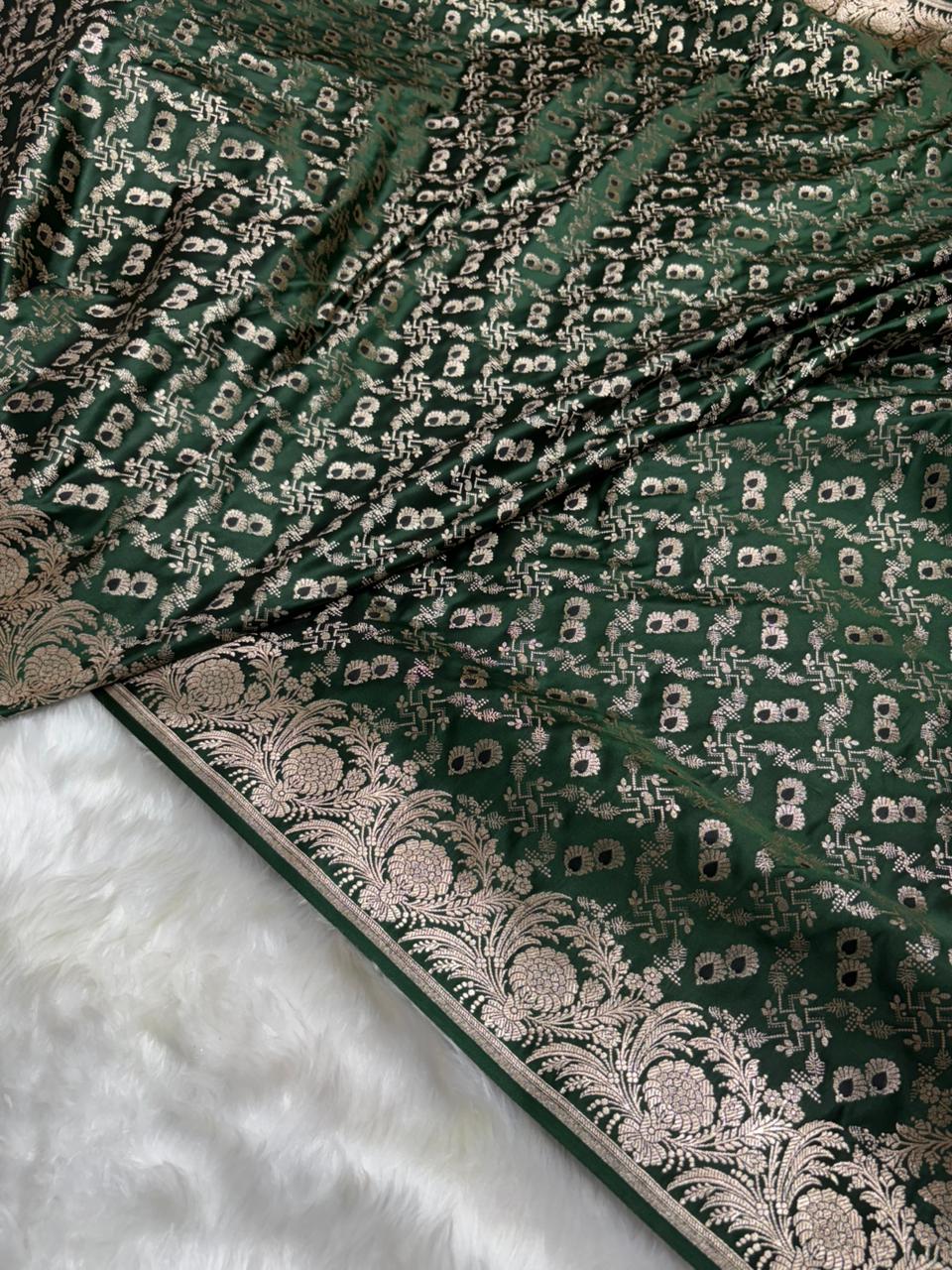 Bottle Green with Floral Border Minakari Brocade Mashru Silk Saree