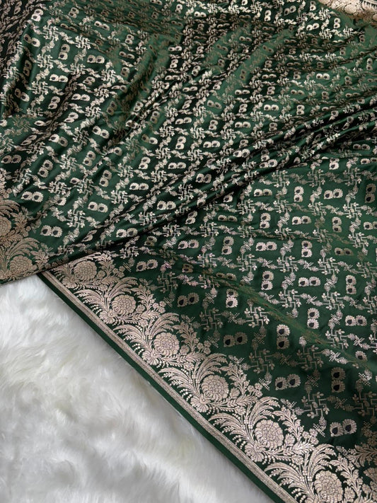 Bottle Green with Floral Border Minakari Brocade Mashru Silk Saree