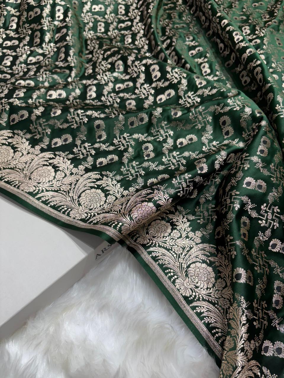 Bottle Green with Floral Border Minakari Brocade Mashru Silk Saree