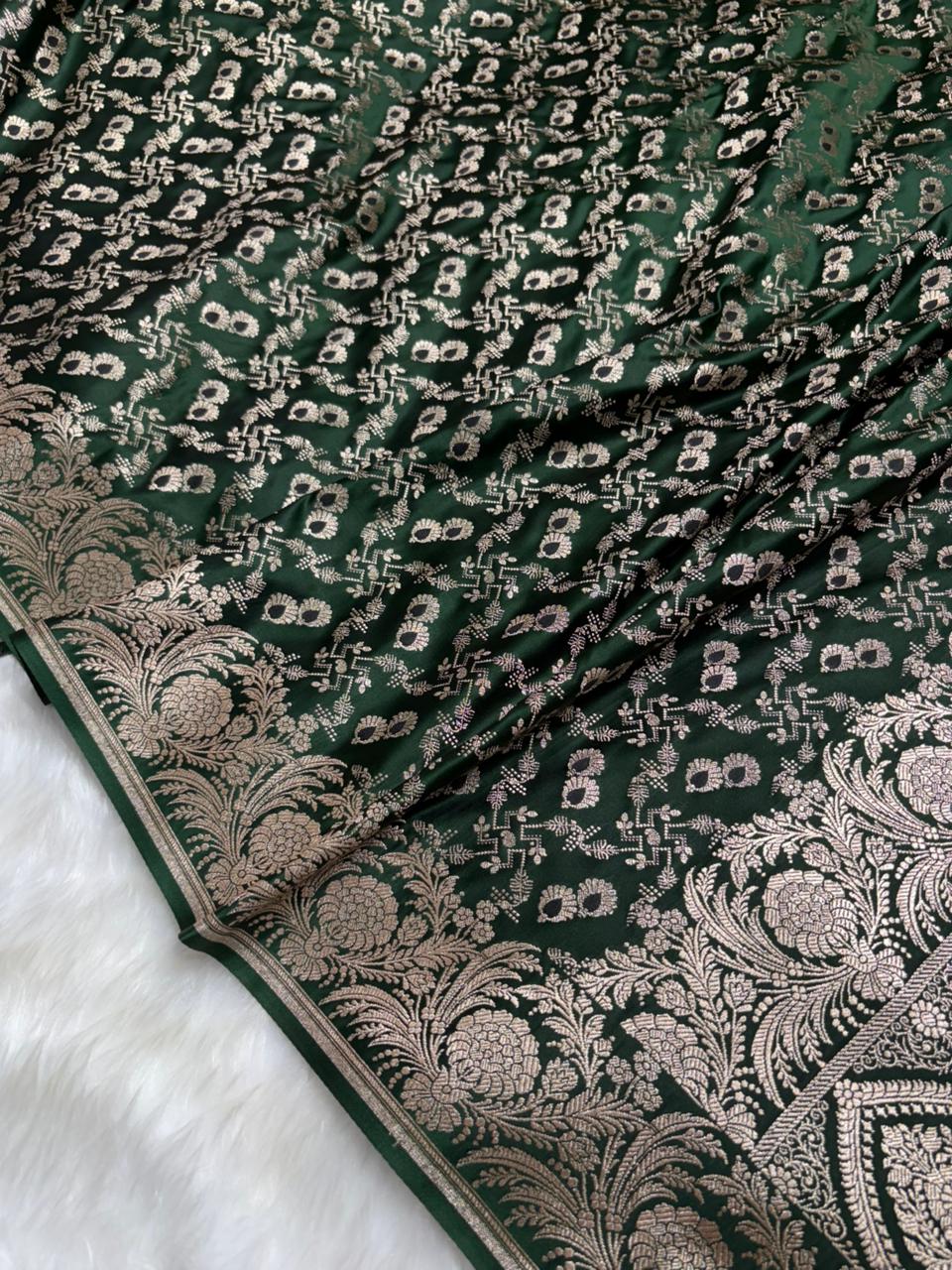 Bottle Green with Floral Border Minakari Brocade Mashru Silk Saree