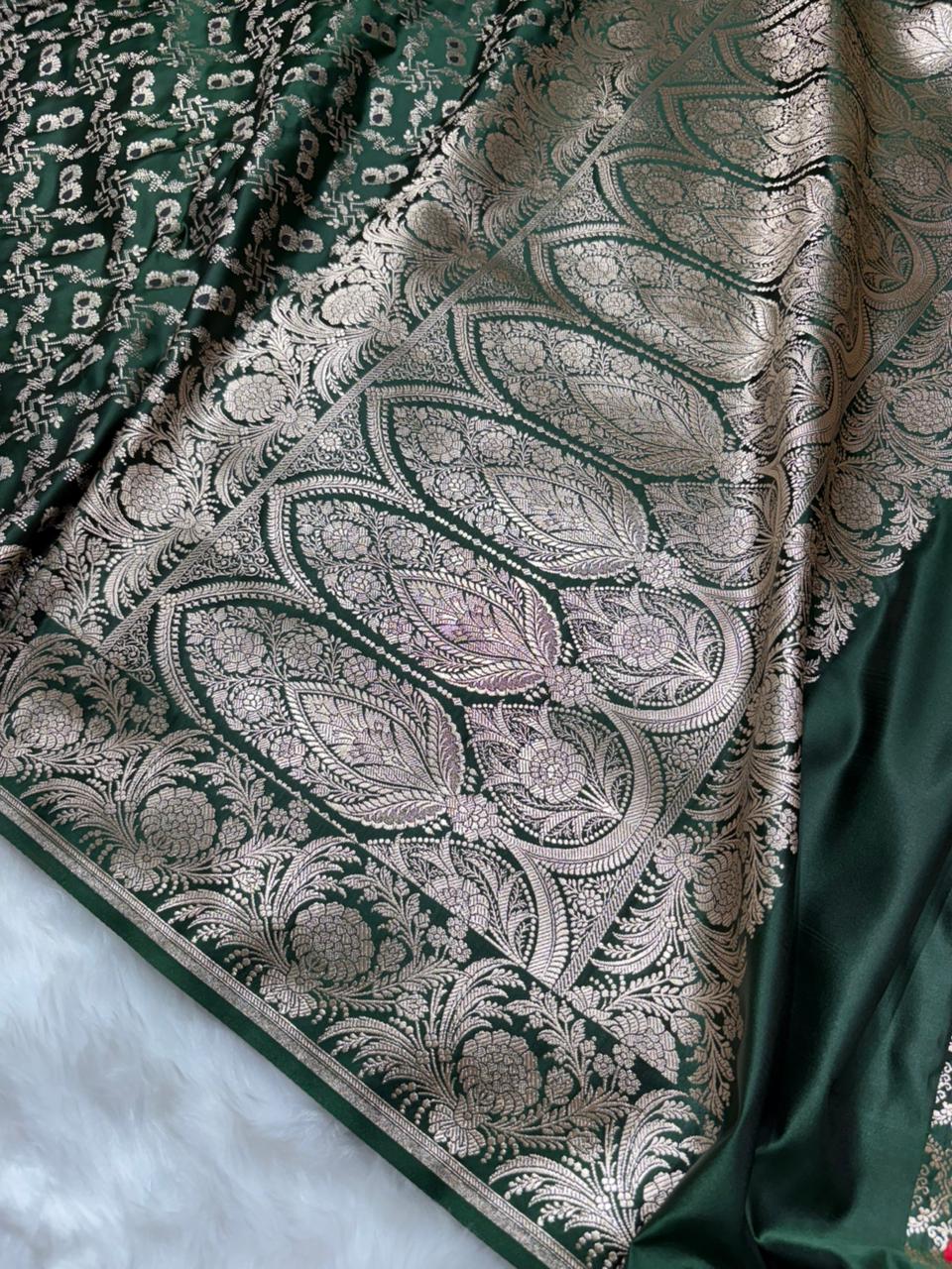 Bottle Green with Floral Border Minakari Brocade Mashru Silk Saree