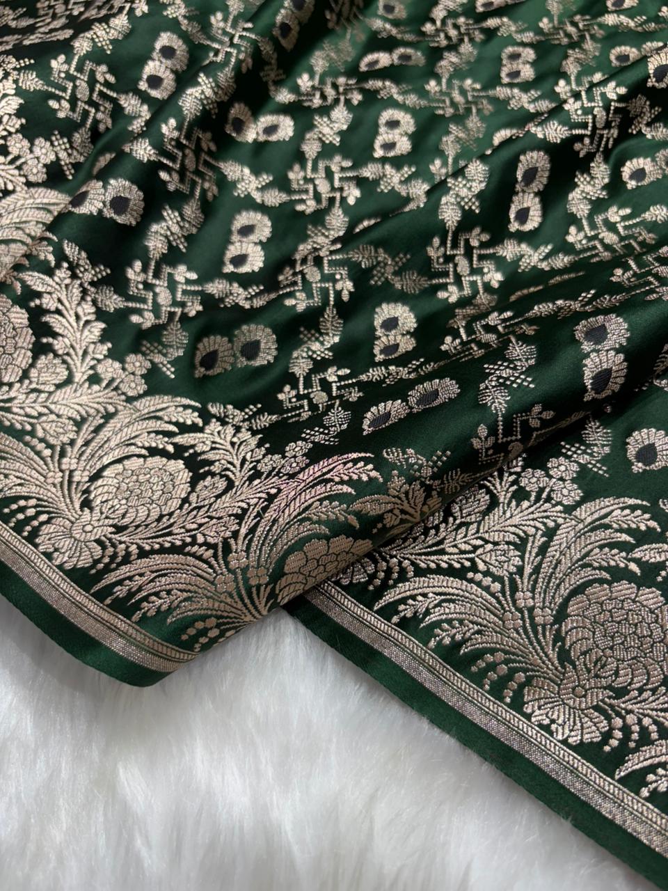 Bottle Green with Floral Border Minakari Brocade Mashru Silk Saree