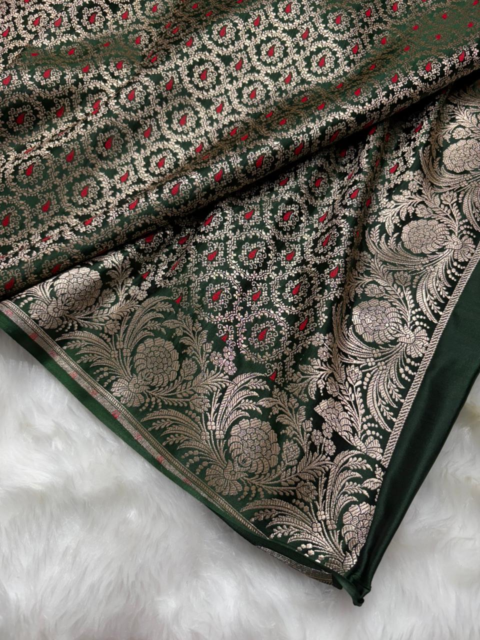 Bottle Green with Floral Border Minakari Brocade Mashru Silk Saree