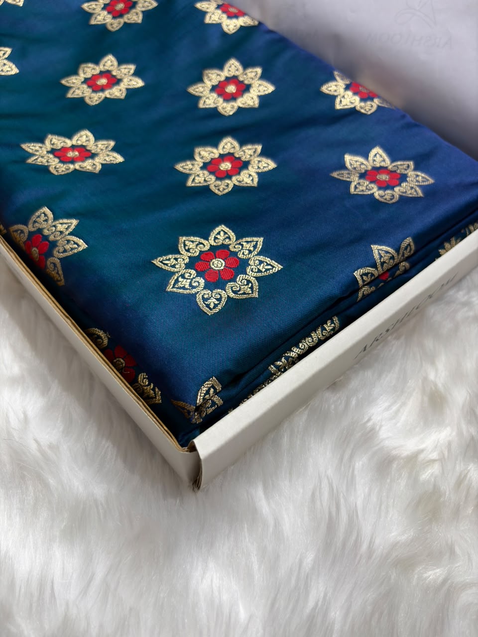 Banarasi Star Pattern with Unique Floral border Mashru Silk Saree in Peacock Blue Shades