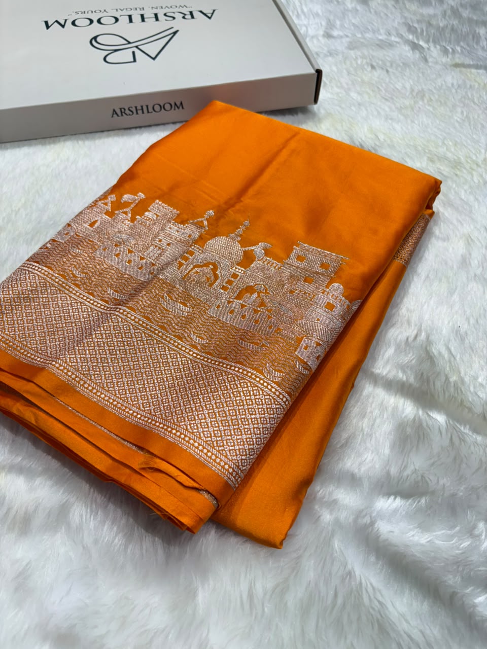 Banarasi Ghat Pattern Mashru Silk Saree In Orange Shades