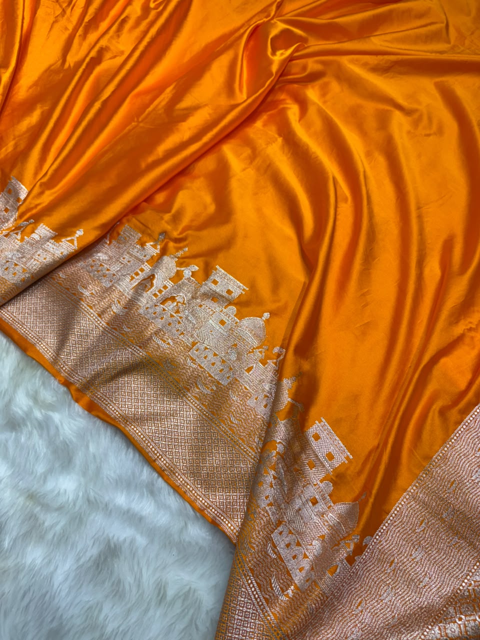 Banarasi Ghat Pattern Mashru Silk Saree In Orange Shades