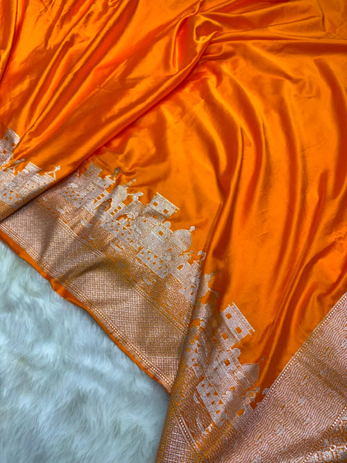 Banarasi Ghat Pattern Mashru Silk Saree In Orange Shades