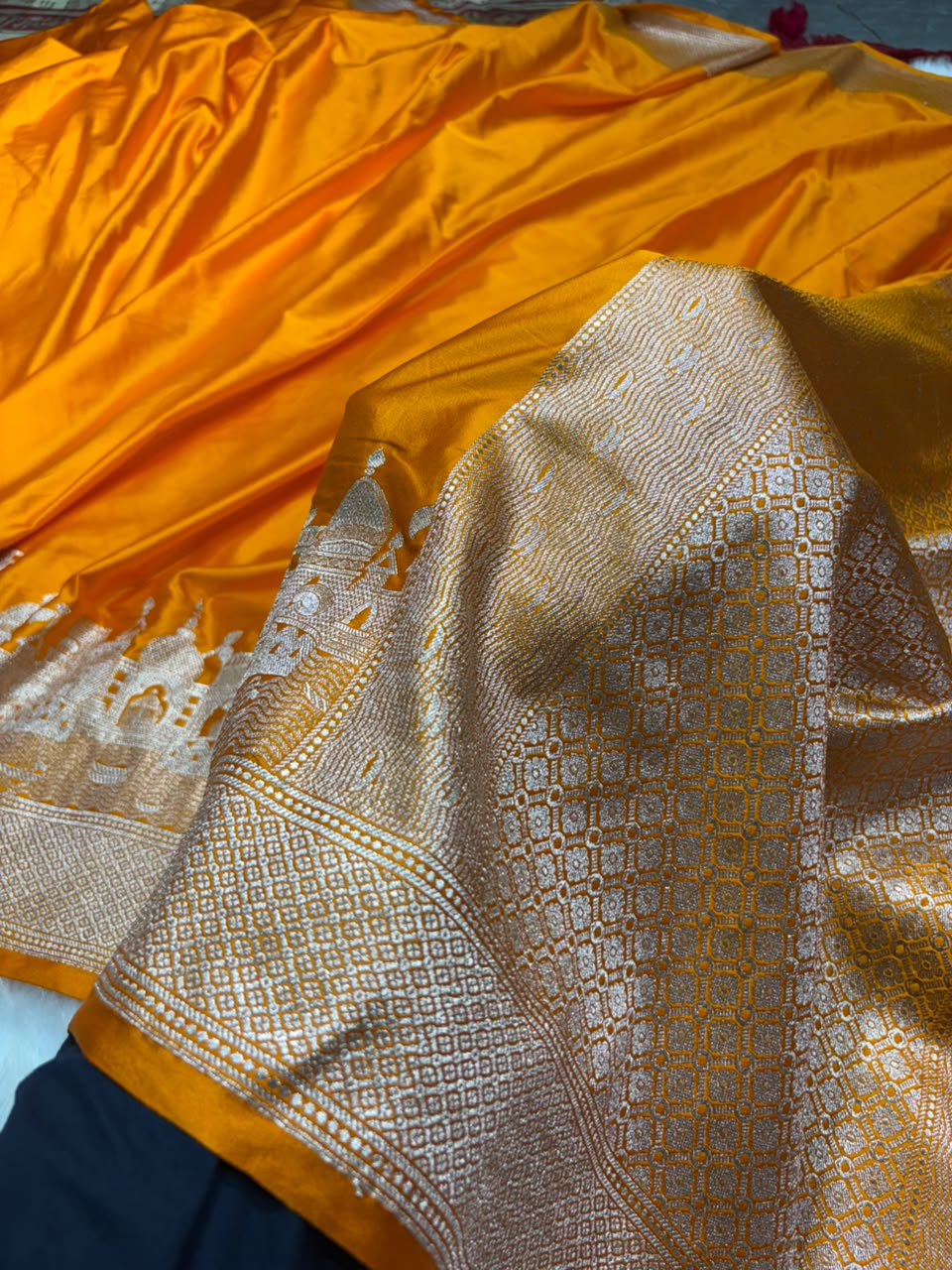 Banarasi Ghat Pattern Mashru Silk Saree In Orange Shades