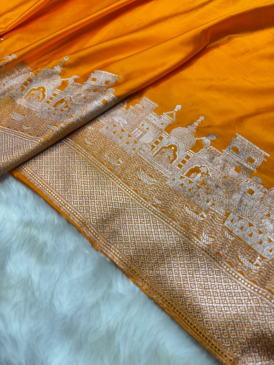 Banarasi Ghat Pattern Mashru Silk Saree In Orange Shades
