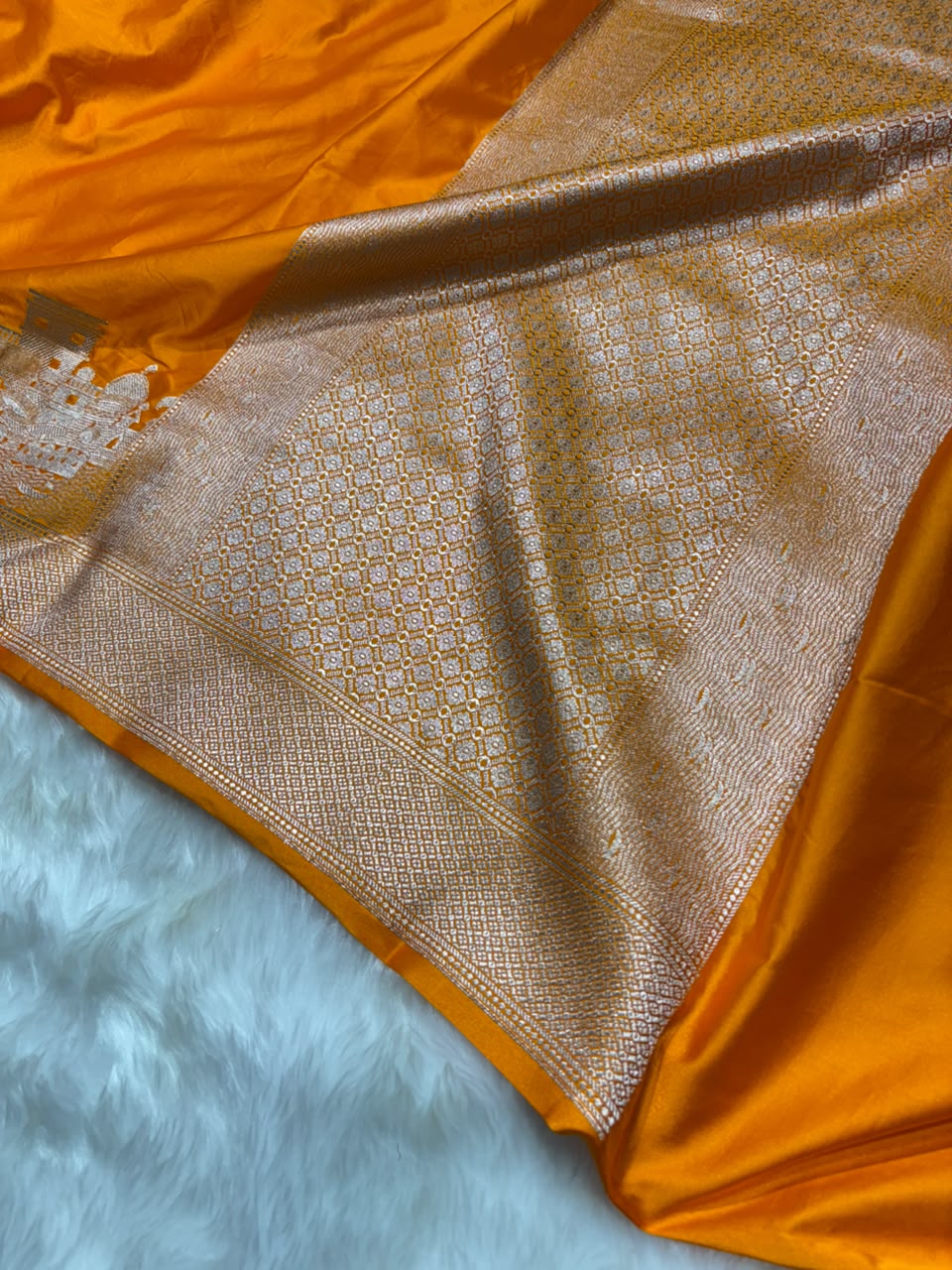 Banarasi Ghat Pattern Mashru Silk Saree In Orange Shades