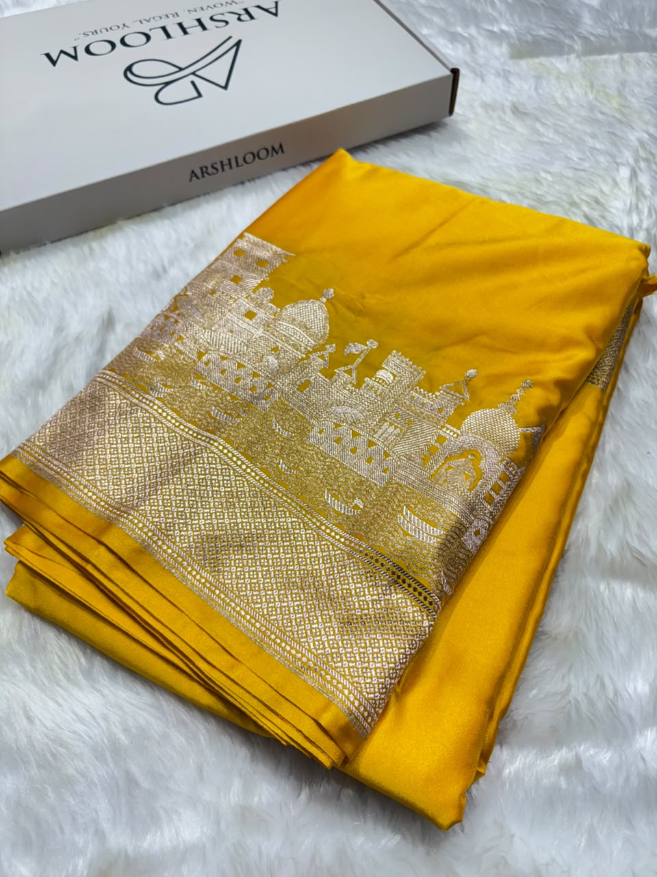 Banarasi Ghat Pattern Mashru Silk Saree In Yellow Shades arsl