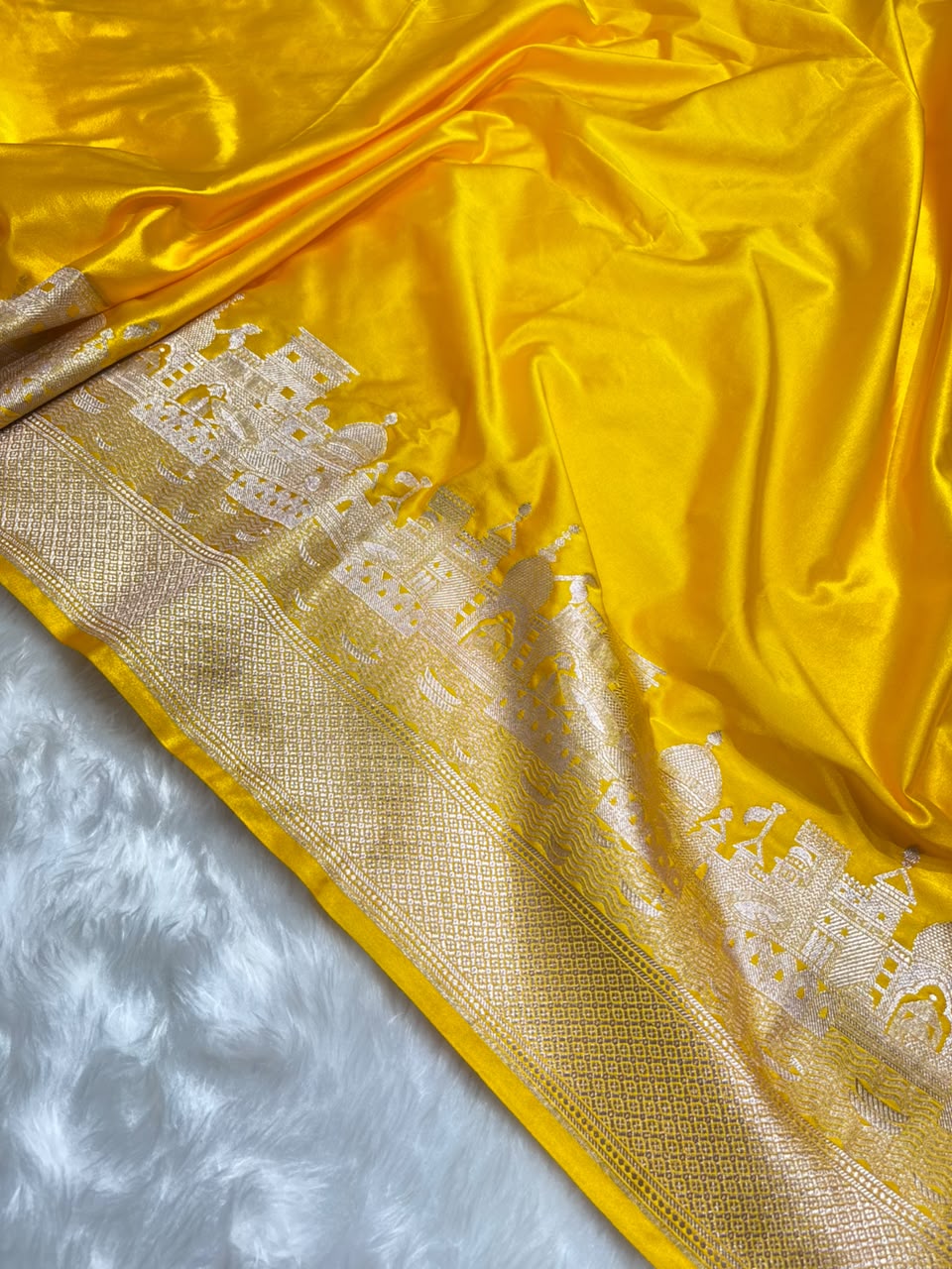 Banarasi Ghat Pattern Mashru Silk Saree In Yellow Shades arsl