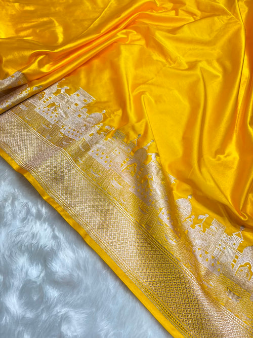 Banarasi Ghat Pattern Mashru Silk Saree In Yellow Shades arsl