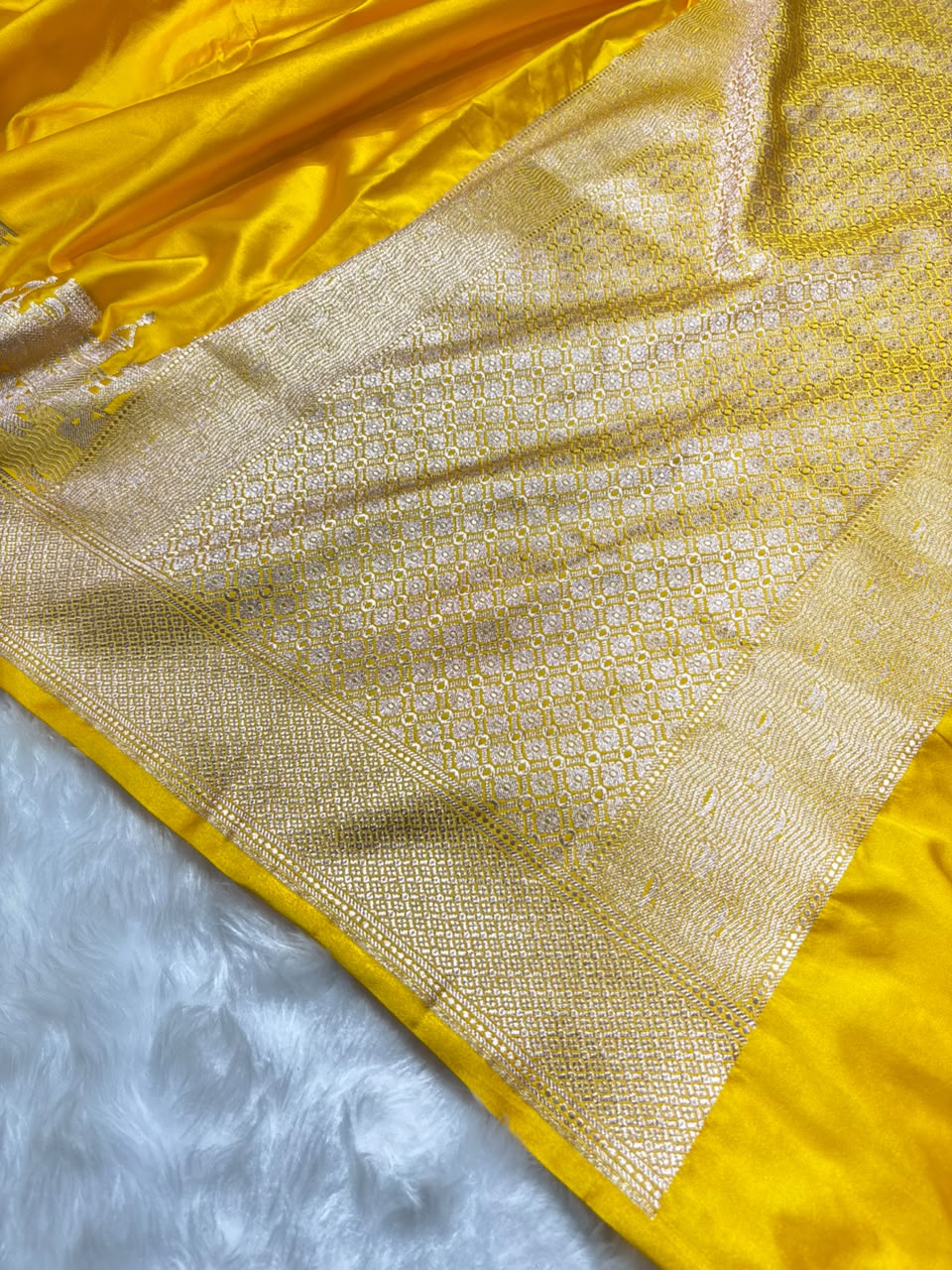 Banarasi Ghat Pattern Mashru Silk Saree In Yellow Shades arsl