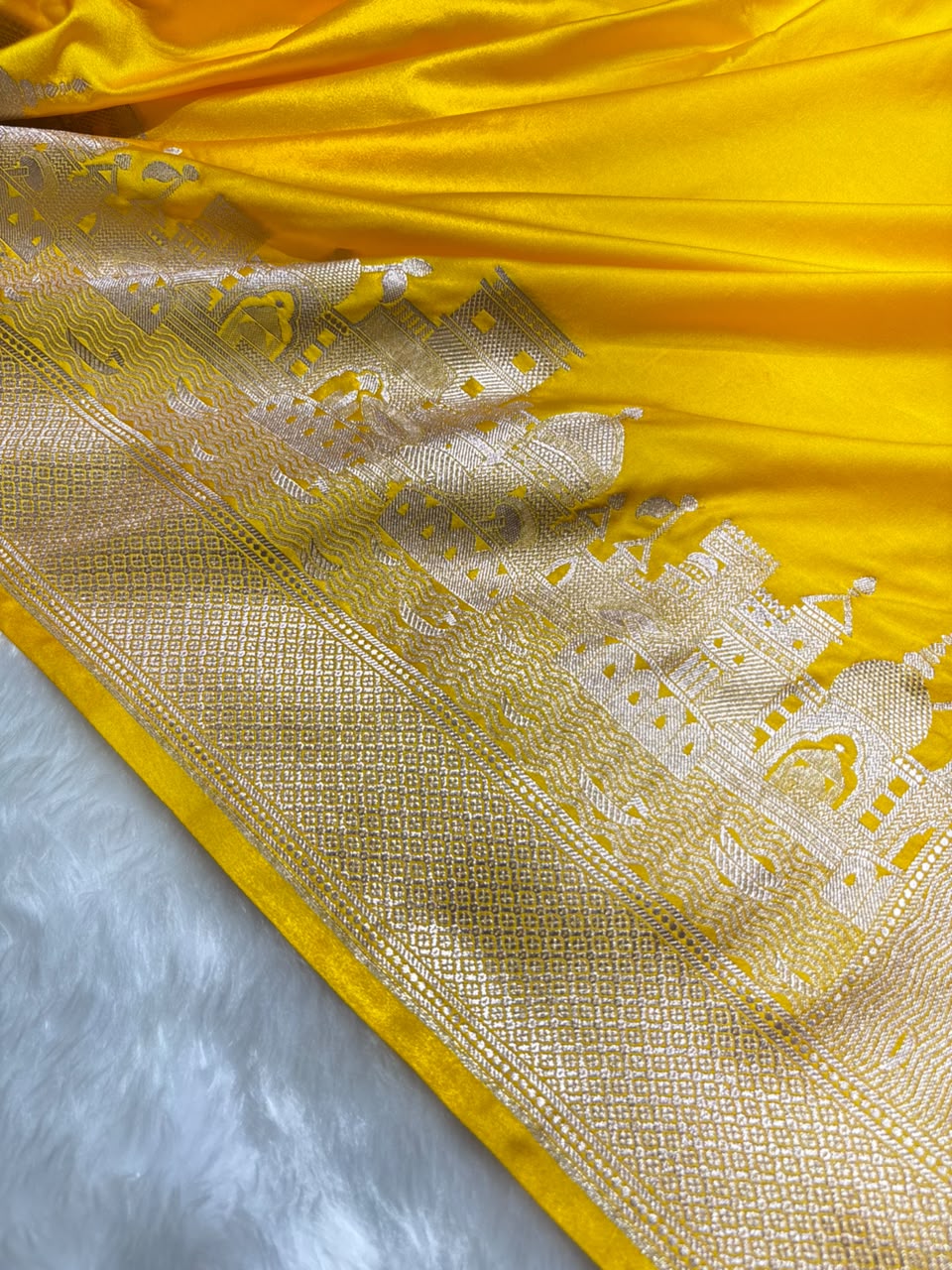 Banarasi Ghat Pattern Mashru Silk Saree In Yellow Shades arsl