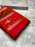 Contrast Vermilion Orange Horizontal Stripes with Motifs Banarasi Mashru Silk Saree