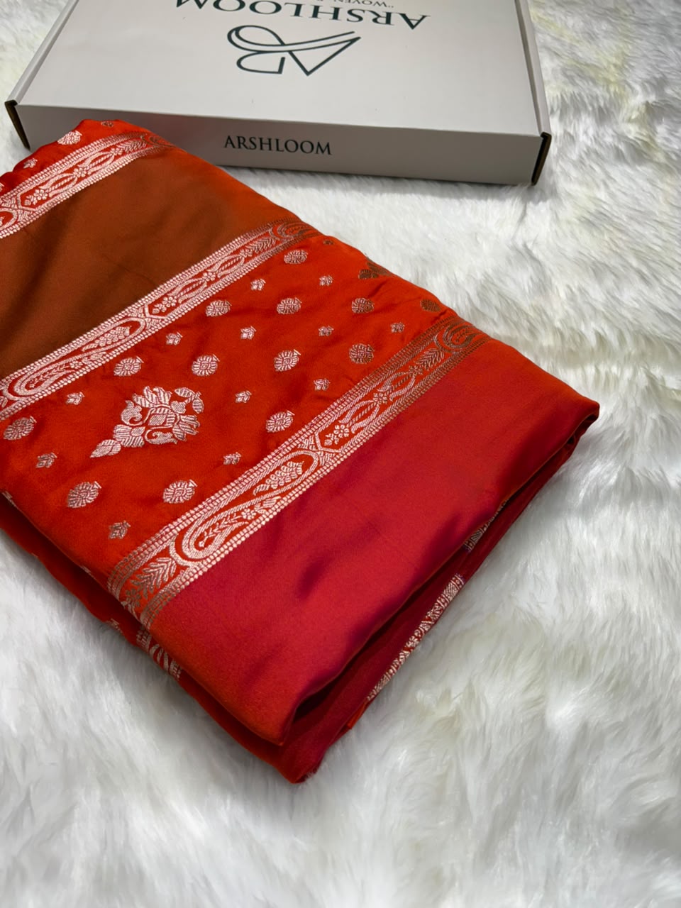 Contrast Vermilion Orange Horizontal Stripes with Motifs Banarasi Mashru Silk Saree