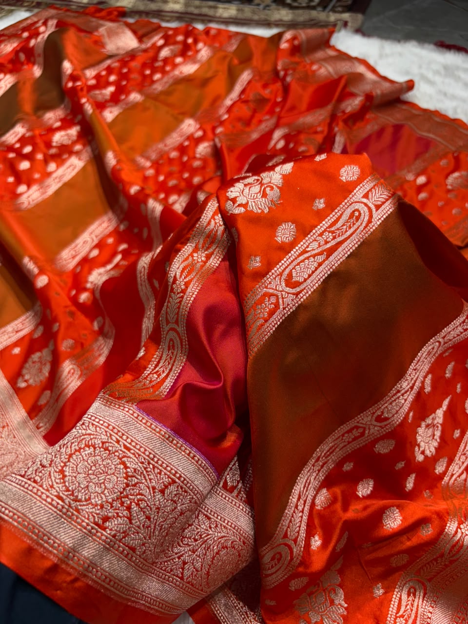 Contrast Vermilion Orange Horizontal Stripes with Motifs Banarasi Mashru Silk Saree