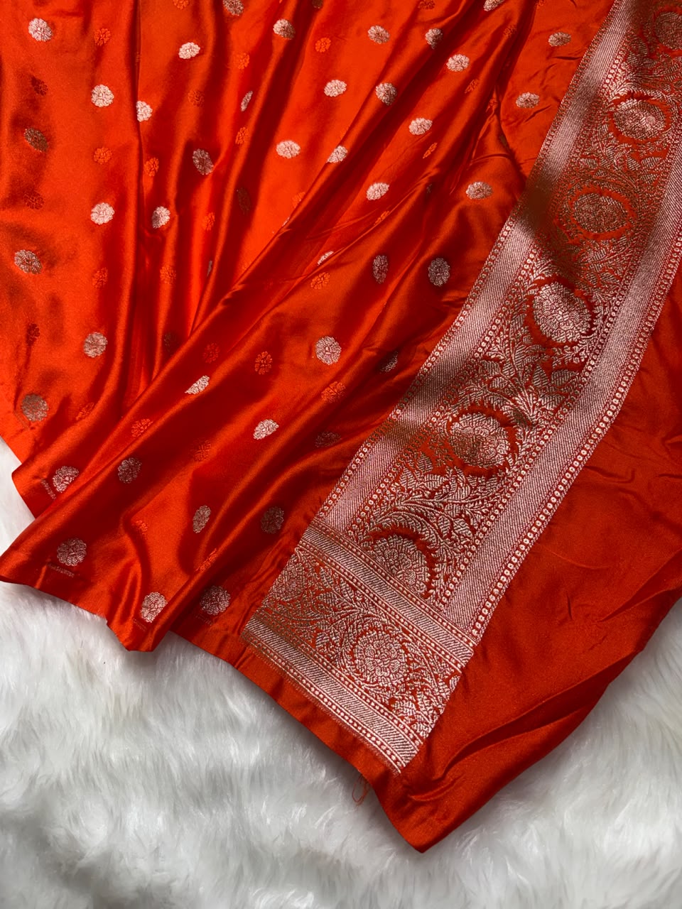Contrast Vermilion Orange Horizontal Stripes with Motifs Banarasi Mashru Silk Saree