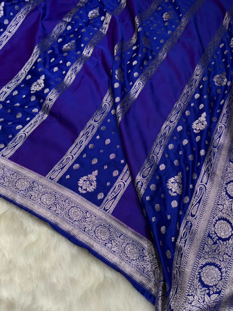 Contrast Royal & Navy Blue Horizontal Stripes with Motifs Banarasi Mashru Silk Saree