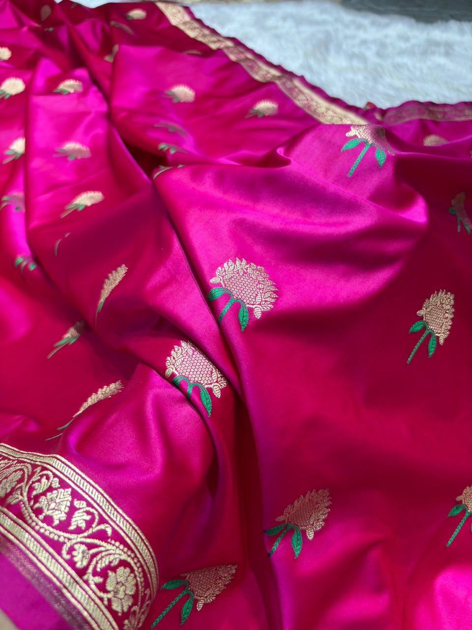 Floral Minakari Boota Mashru Silk Saree in Rani Shades