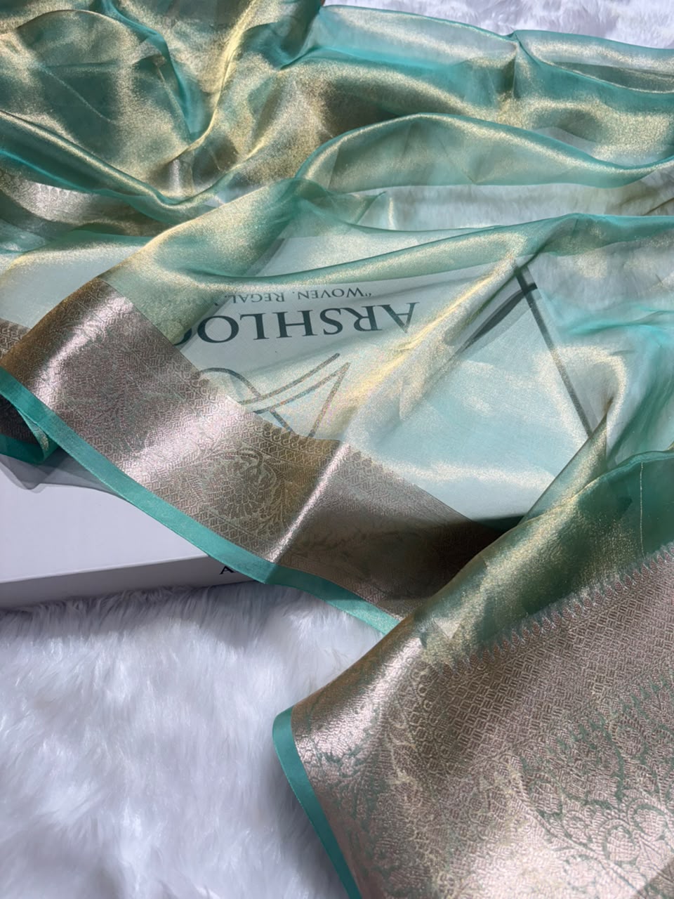 Seafoam Green Pure Tissue Silk Saree with Brocade Blouse