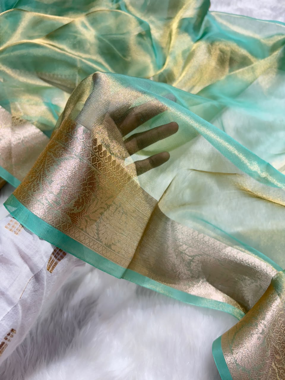Seafoam Green Pure Tissue Silk Saree with Brocade Blouse