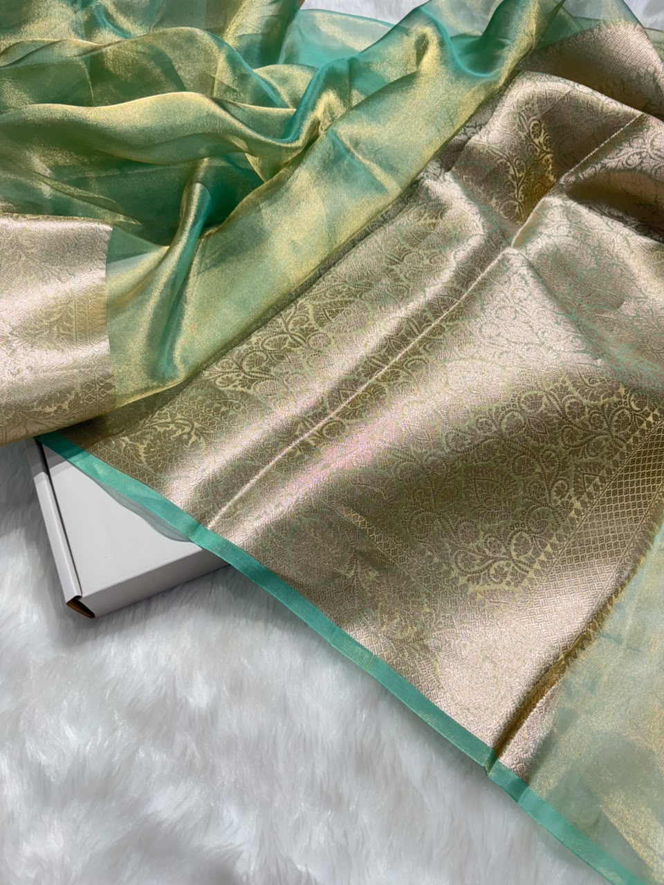 Seafoam Green Pure Tissue Silk Saree with Brocade Blouse