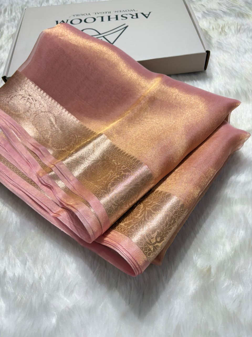 Rose Gold Pure Tissue Silk Saree with Brocade Blouse