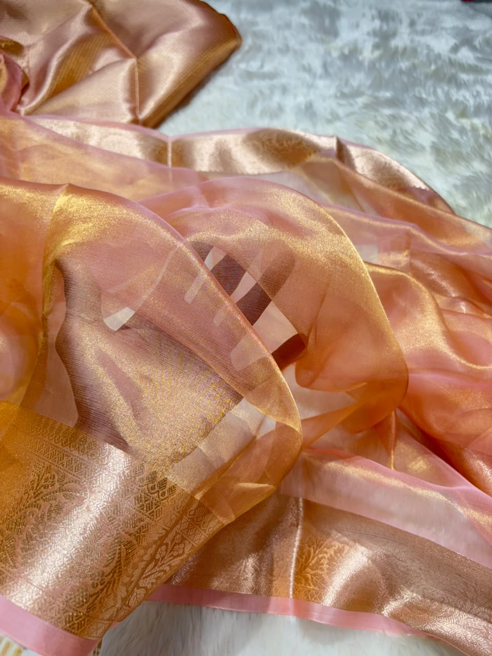 Rose Gold Pure Tissue Silk Saree with Brocade Blouse