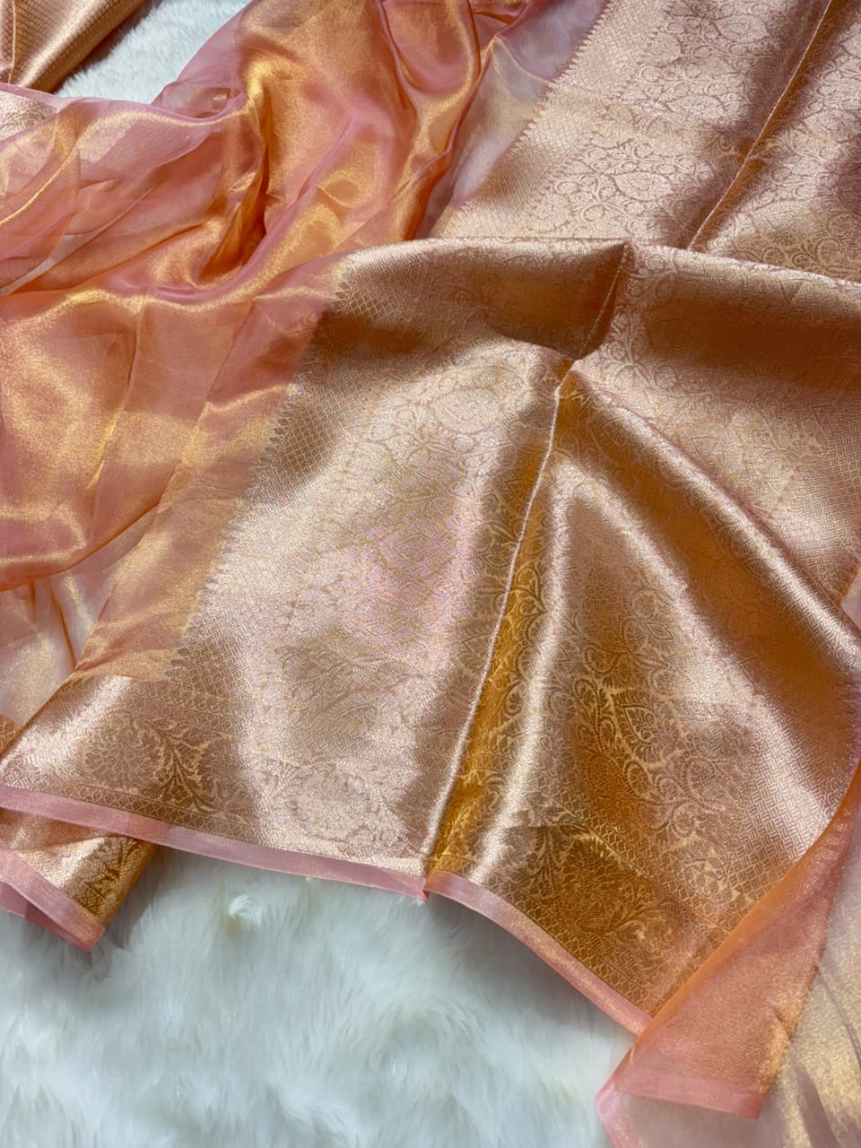 Rose Gold Pure Tissue Silk Saree with Brocade Blouse