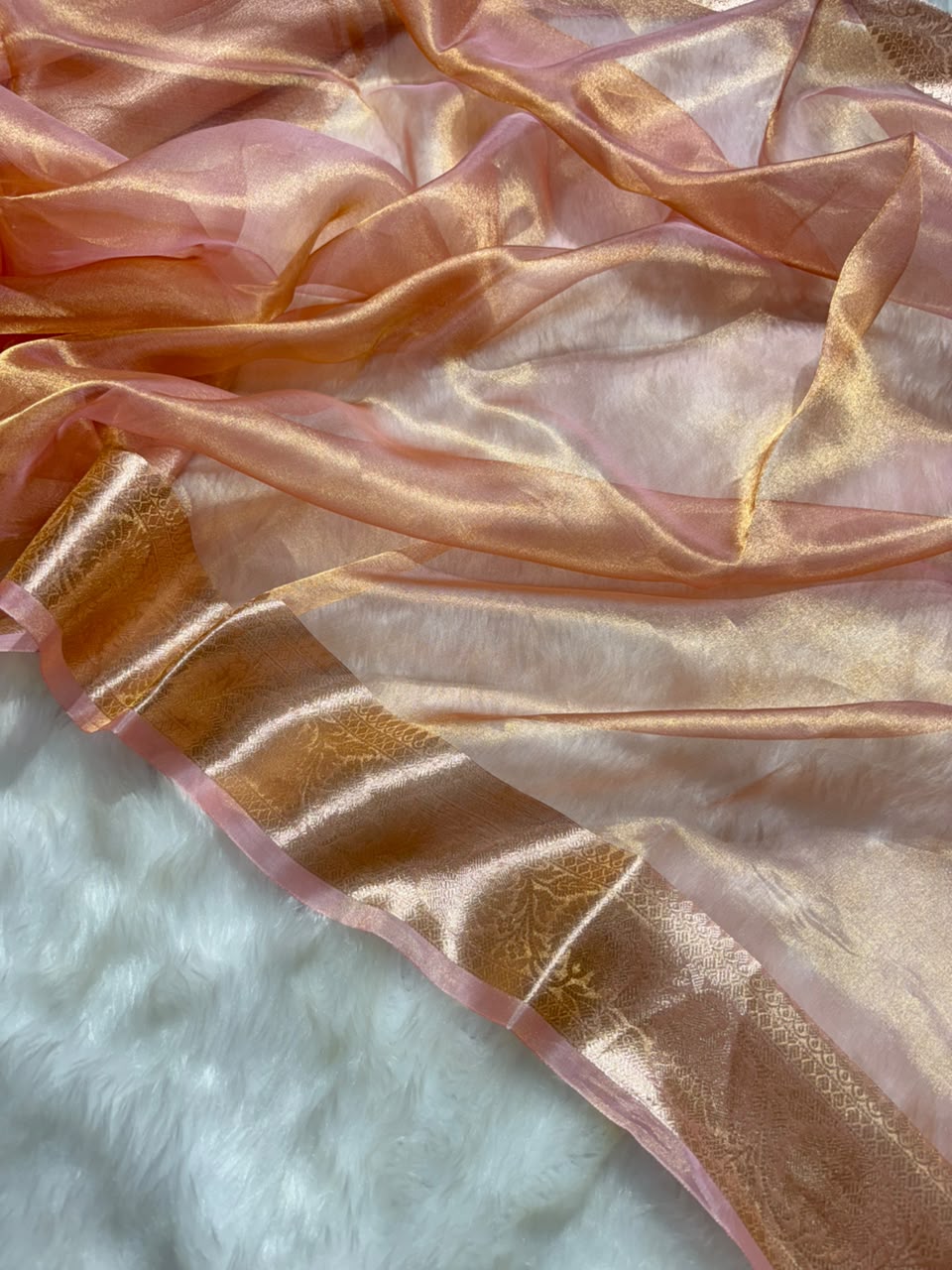 Rose Gold Pure Tissue Silk Saree with Brocade Blouse