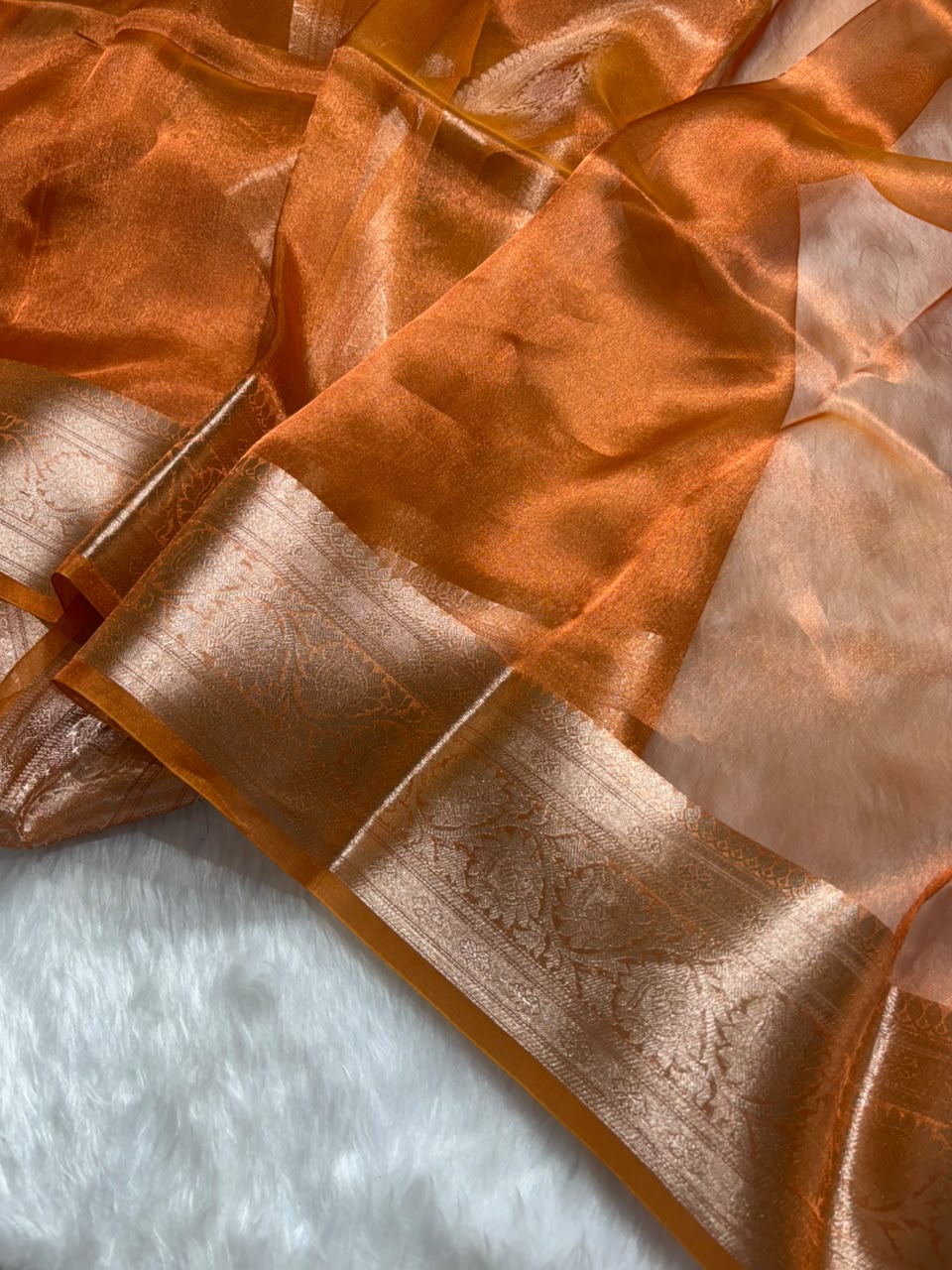 Orange Pure Tissue Silk Saree with Brocade Blouse
