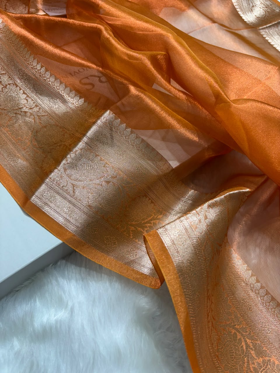 Orange Pure Tissue Silk Saree with Brocade Blouse