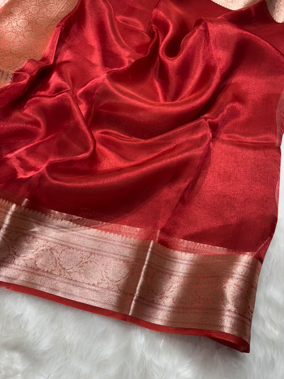 Red Pure Tissue Silk Saree with Brocade Blouse