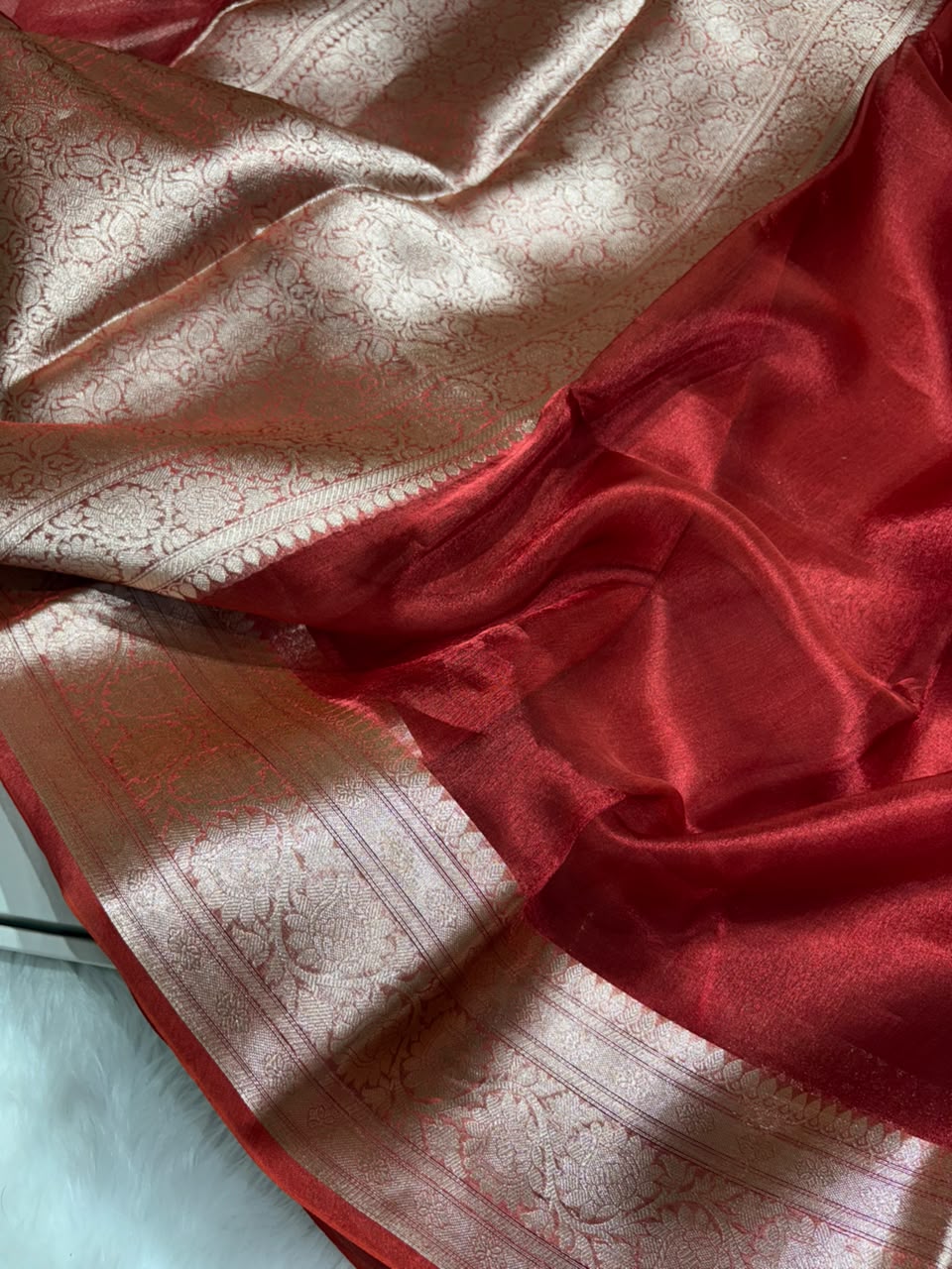 Red Pure Tissue Silk Saree with Brocade Blouse
