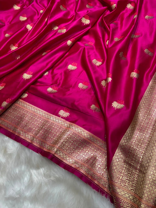 Banarasi Minakari Floral Pattern Mashru Silk Saree in Fuchsia Rani Shades